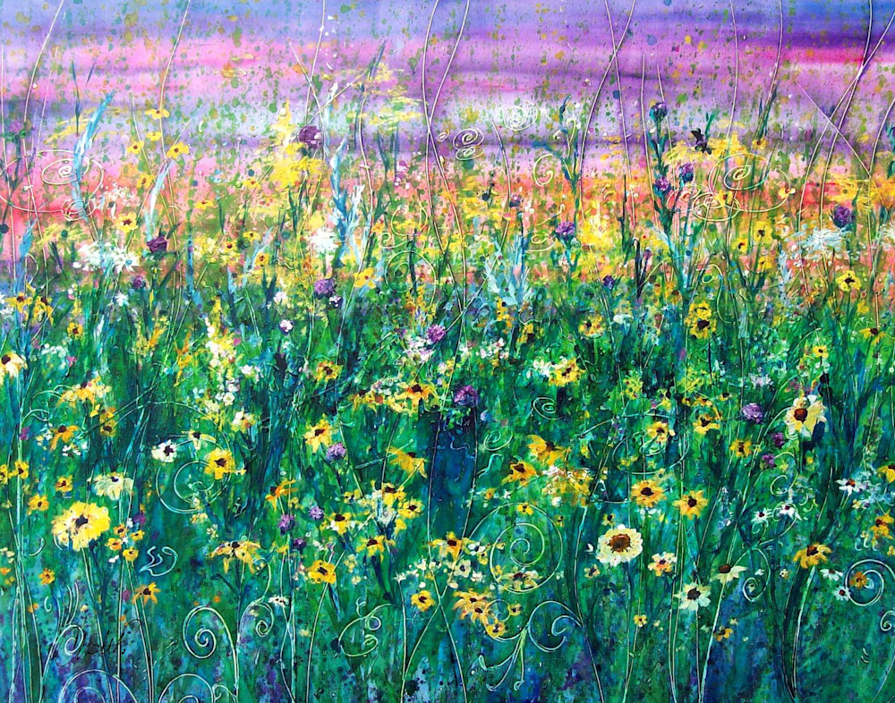 Prairie Grass Landscape with Sunflowers and Daisies Watercolor Artwork