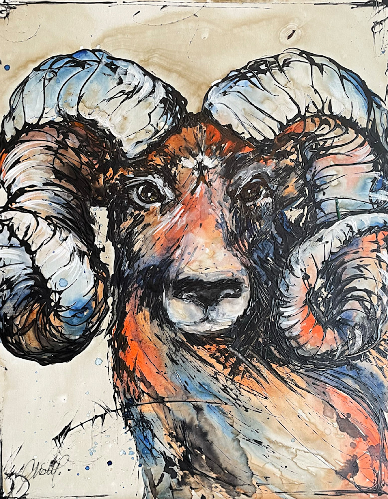 Ram - Curled Horned coffee and watercolor artwork by Christy