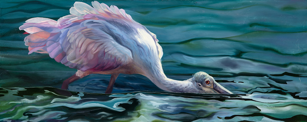 Fine Art Print - 'Push It' - Roseate Spoonbill Fishing in Turquoise and Teal Water by Allison Richter Wildlife Artist