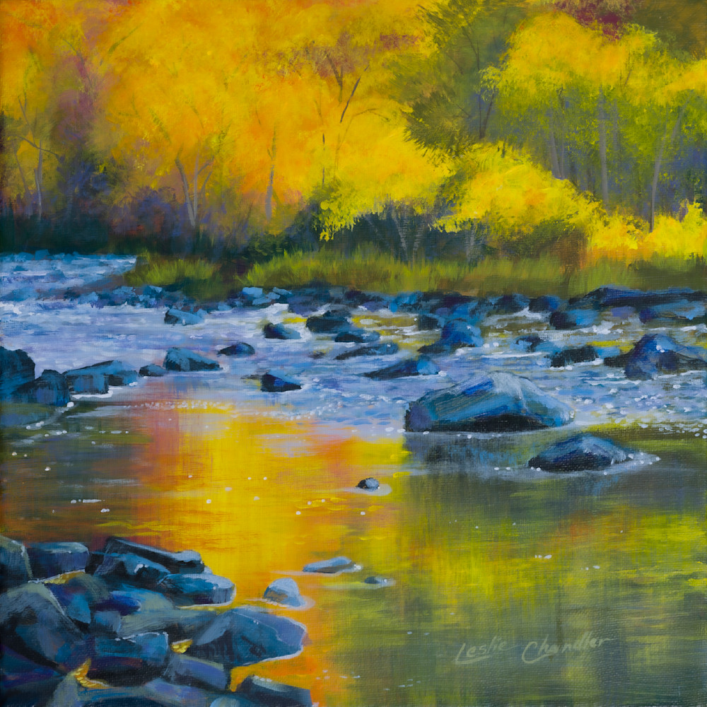 Art, acrylic, Autumn, river, reflections, colour