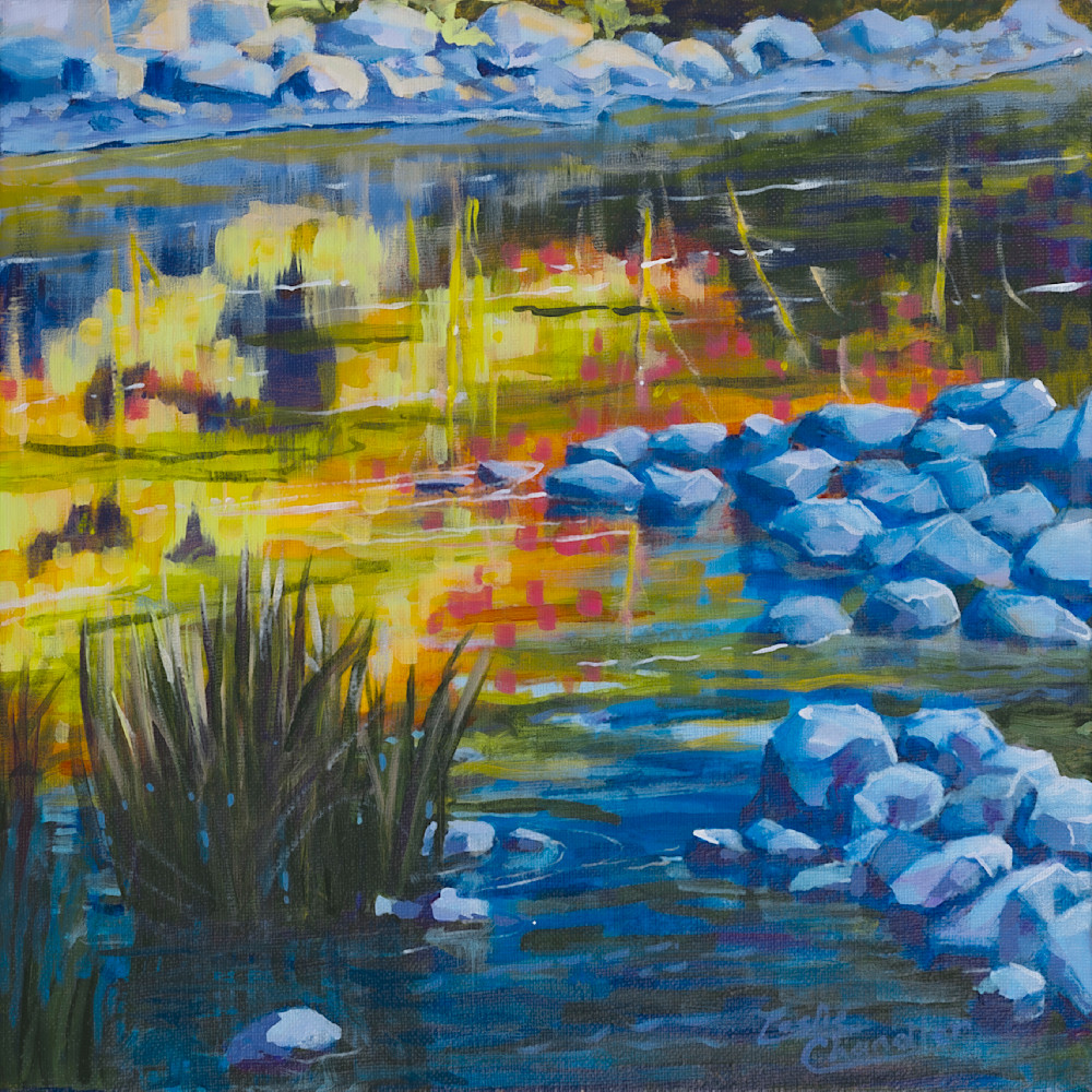 Acrylic, Autumn, Fall, River, impressionism, colours, blue, yellow, nature