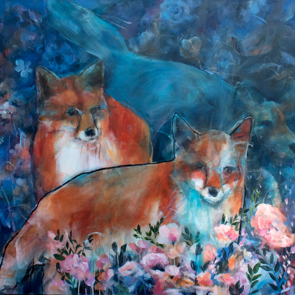 Red foxes in a midnight garden fine art print