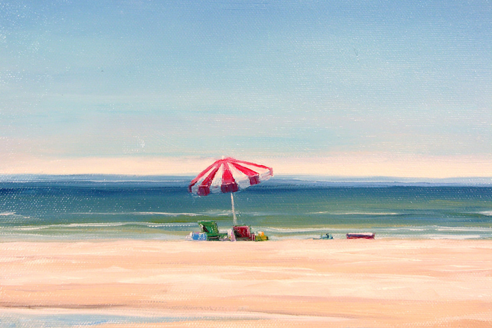 Red & White Umbrella | Coastal Beach Umbrella Landscape Fine Art Print by Dianna Poindexter