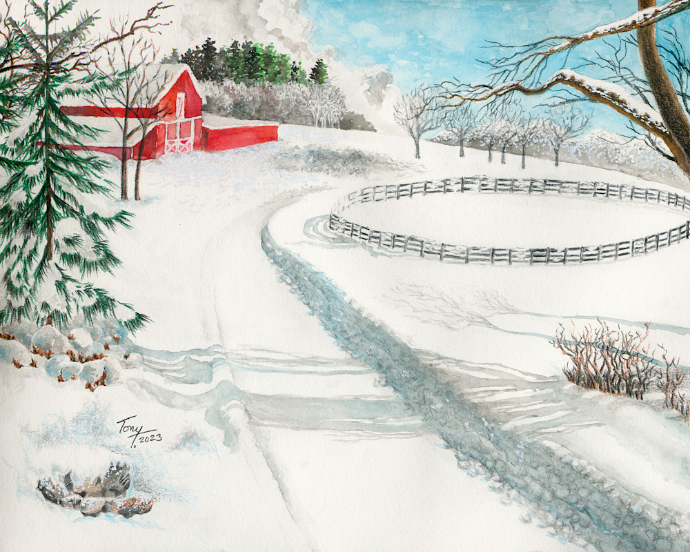 Red Barn In The Snow Art | Art By TonyT