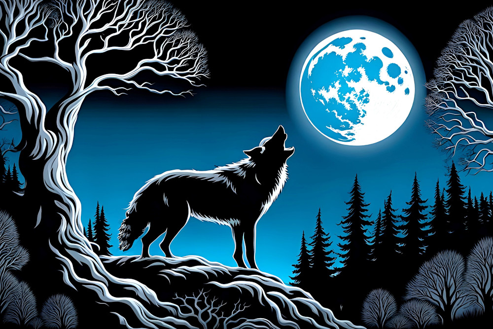 Wolf Howling At Blue Moon Photography Art | Playful Gallery by Rob Harrison