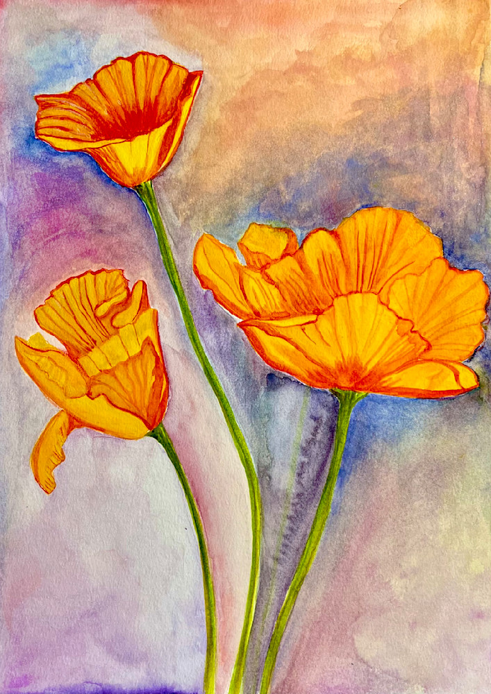 Tangerine Poppy Trio Art | Laura Jones @ Beach Girl Studios