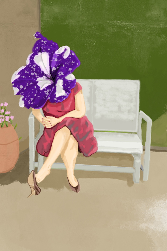 Girl sitting on a bench with a flowerhead