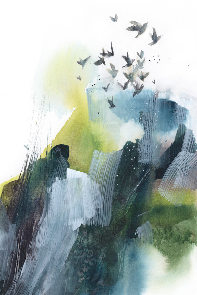 Moody abstract watercolor with flying birds