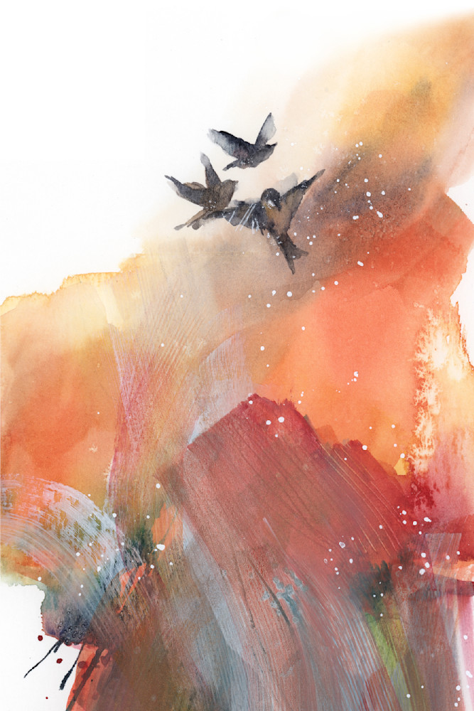 Glowing watercolor painting with flying birds