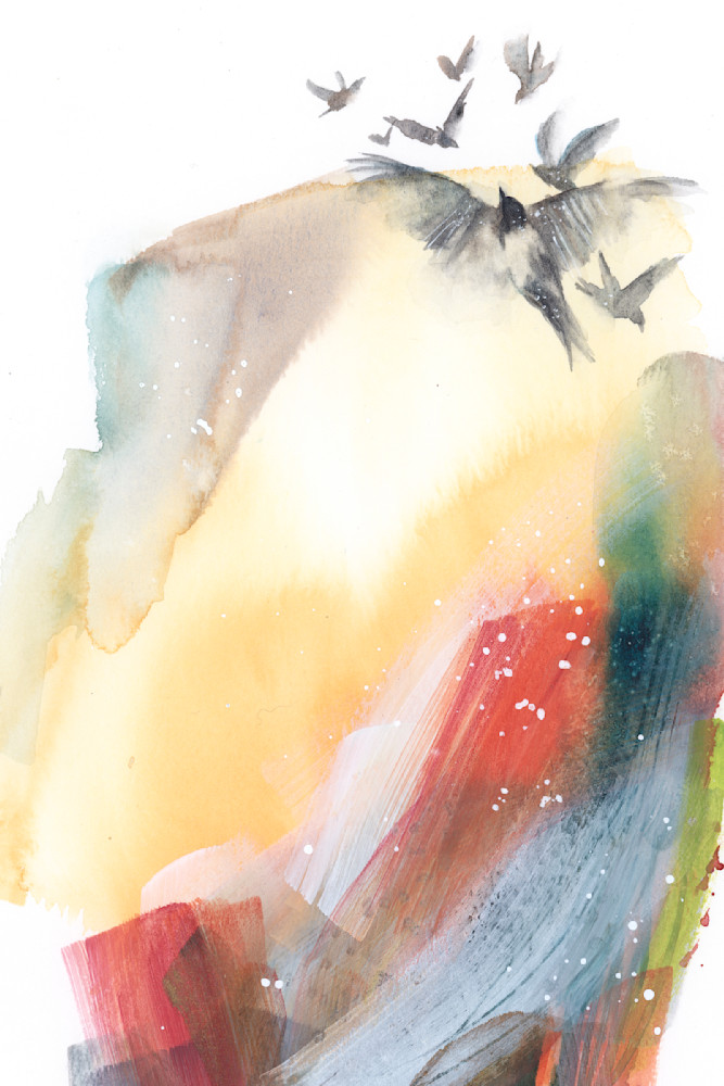 Watercolor abstract painting with flying birds
