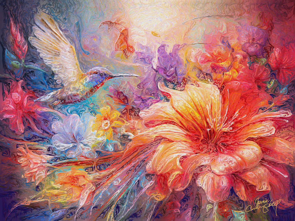 Flowers With Hummingbird  Art | Jeanie Campbell