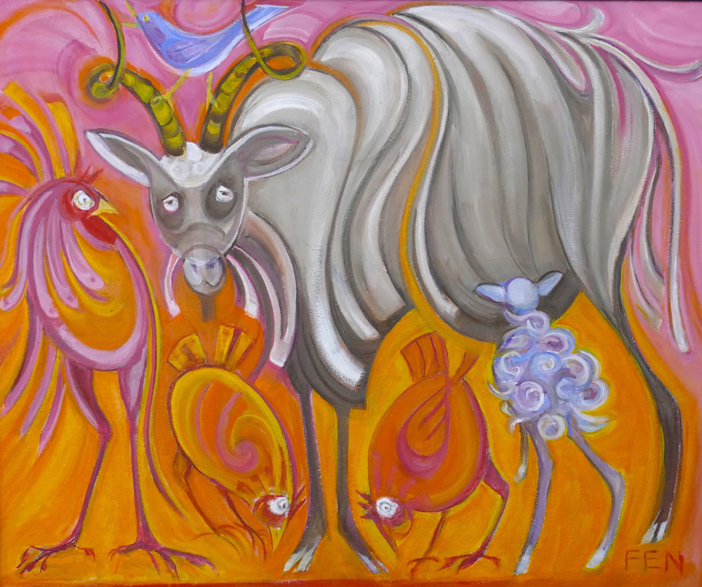 Cashmere Goat And Chickens  Art | Fen Lasell