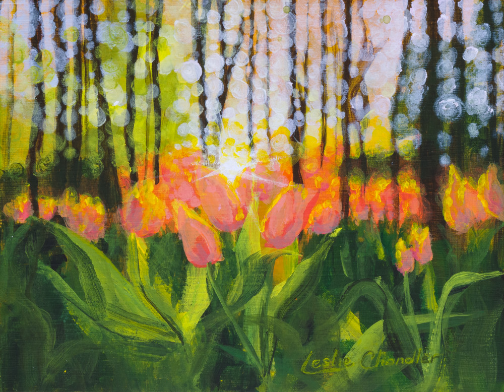 An acrylic painting depicting glowing tulips amidst the rising sun.