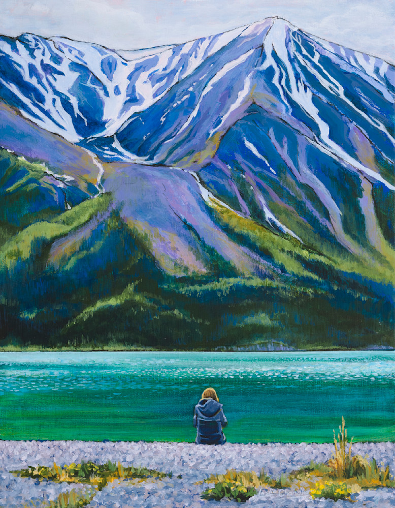 Mountain, lake, nature, God, solitude, splendor, peace, blue. green, acrylic painting, canvas