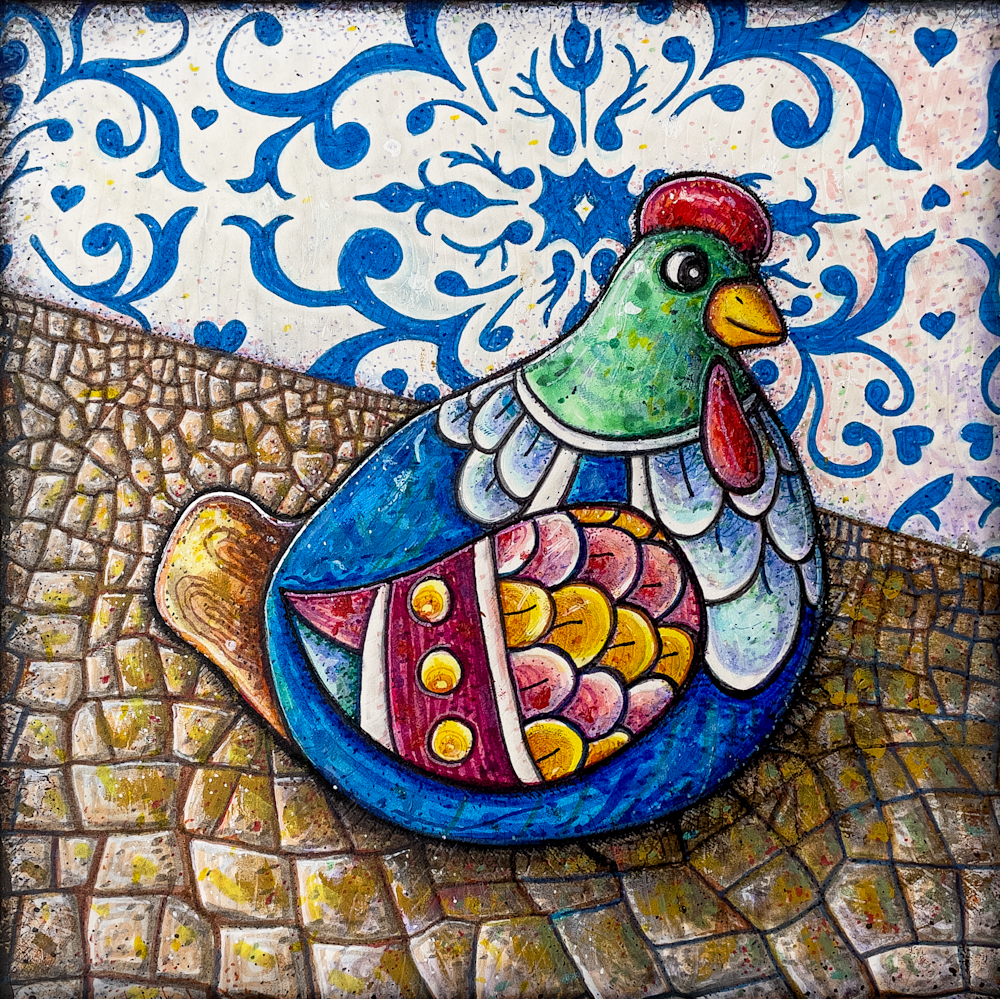 colorful ceramic Portuguese-inspired kitchen rooster drawing