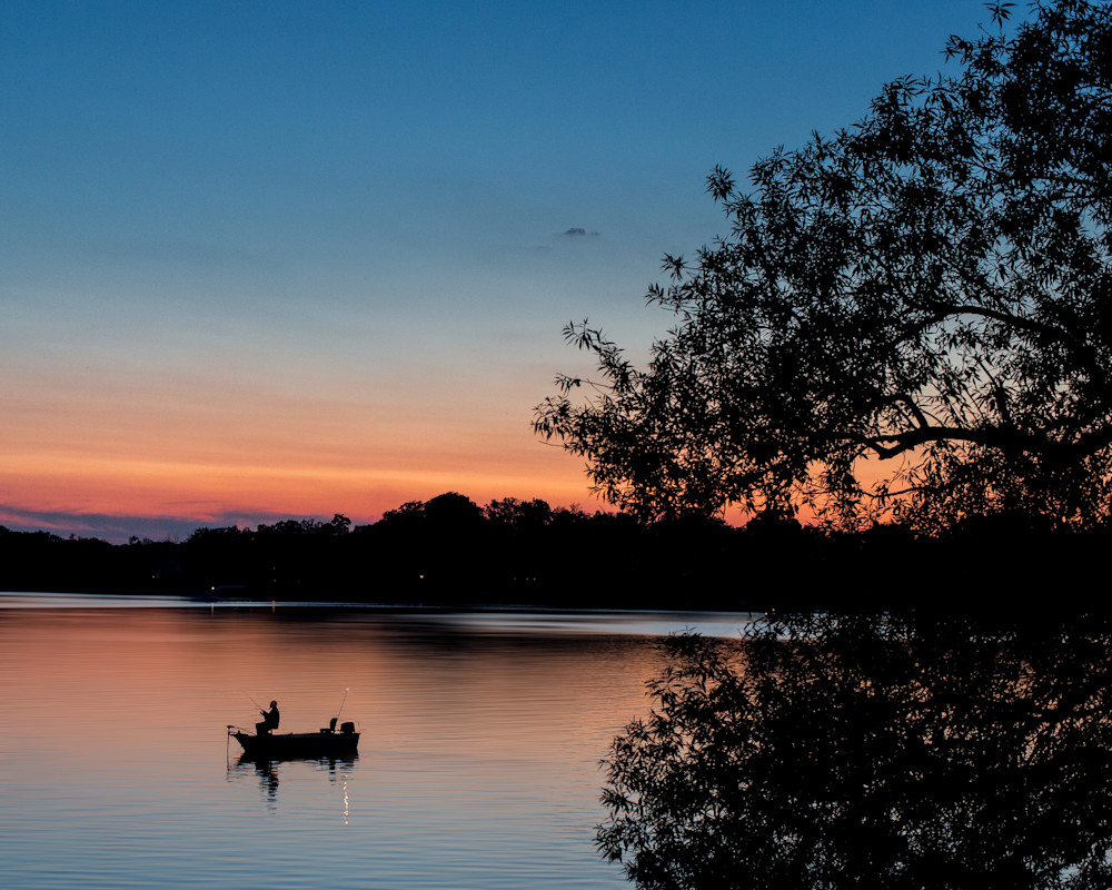 Lake at Sunrise with Fisherman