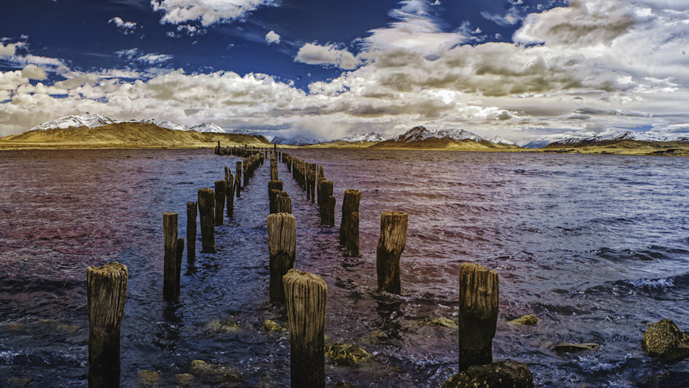 An infrared landscape — an abandoned jetty photographed in Puerto Natales, Chile.