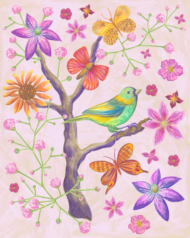 Single Bird In Flowers Pink   Art | Andrea Strongwater