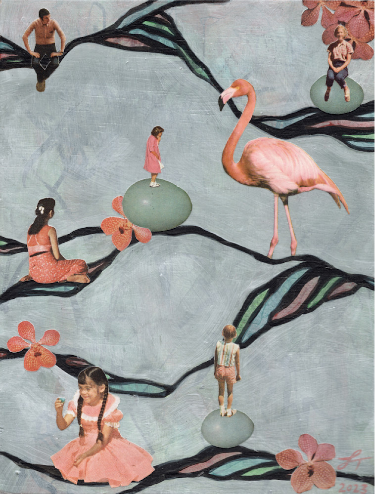 flamingo with people in pick outfits finding blue eggs art print