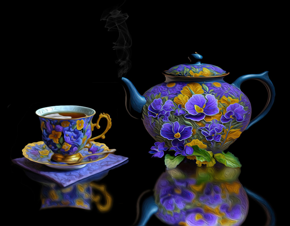 Violet Teapot And Teacup (Only) With Carved Flowers, Horizontal  Art | Art from the Soul