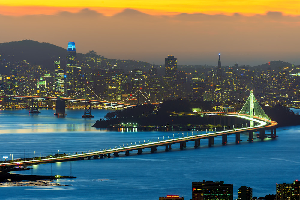 A View Of San Francisco's Iconic Skyline And The Bay Bridge Bathed In The Warm Hues Of Sunset, As Seen From Grizzly Peak In The Berkeley Hills. Photography Art | Anand's Photography