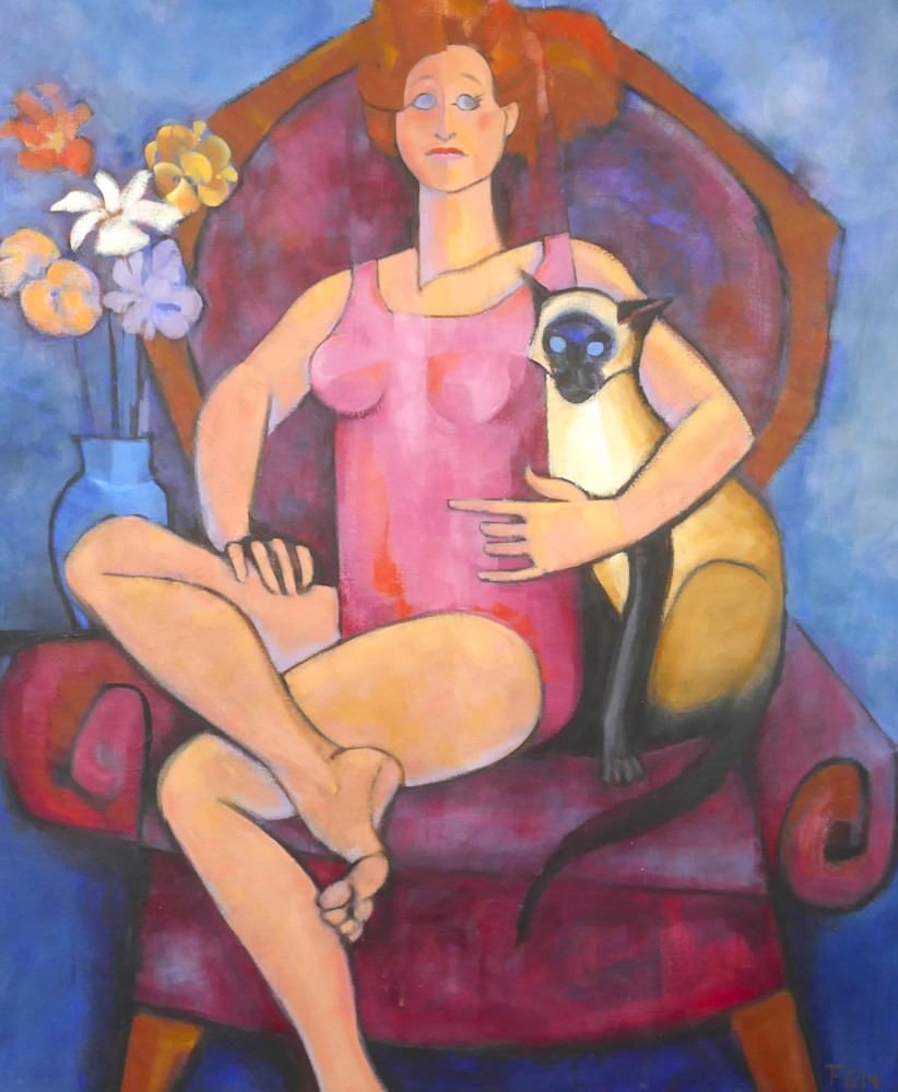 Woman With Cat 30 X 36 Art | Fen Lasell