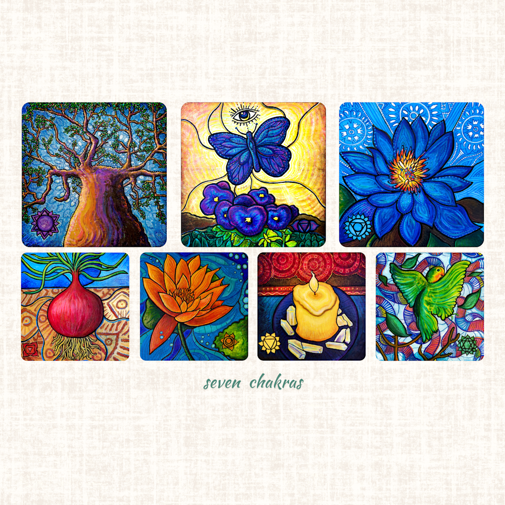 Gift Shop: All Seven Malawian Chakra Paintings Square on Cream Canvas