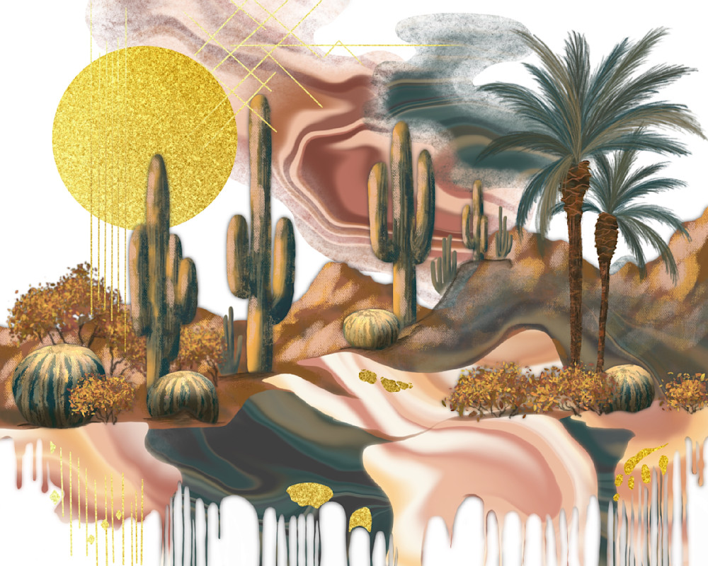 Sun-kissed Serenity - A Tranquil Desert Oasis Artwork by Paintpourium