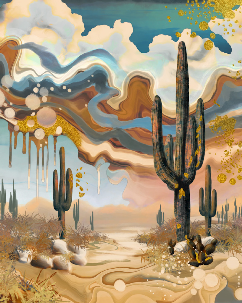 Cacti Cloud Waltz - Ethereal Desert Dance Artwork by Paintpourium