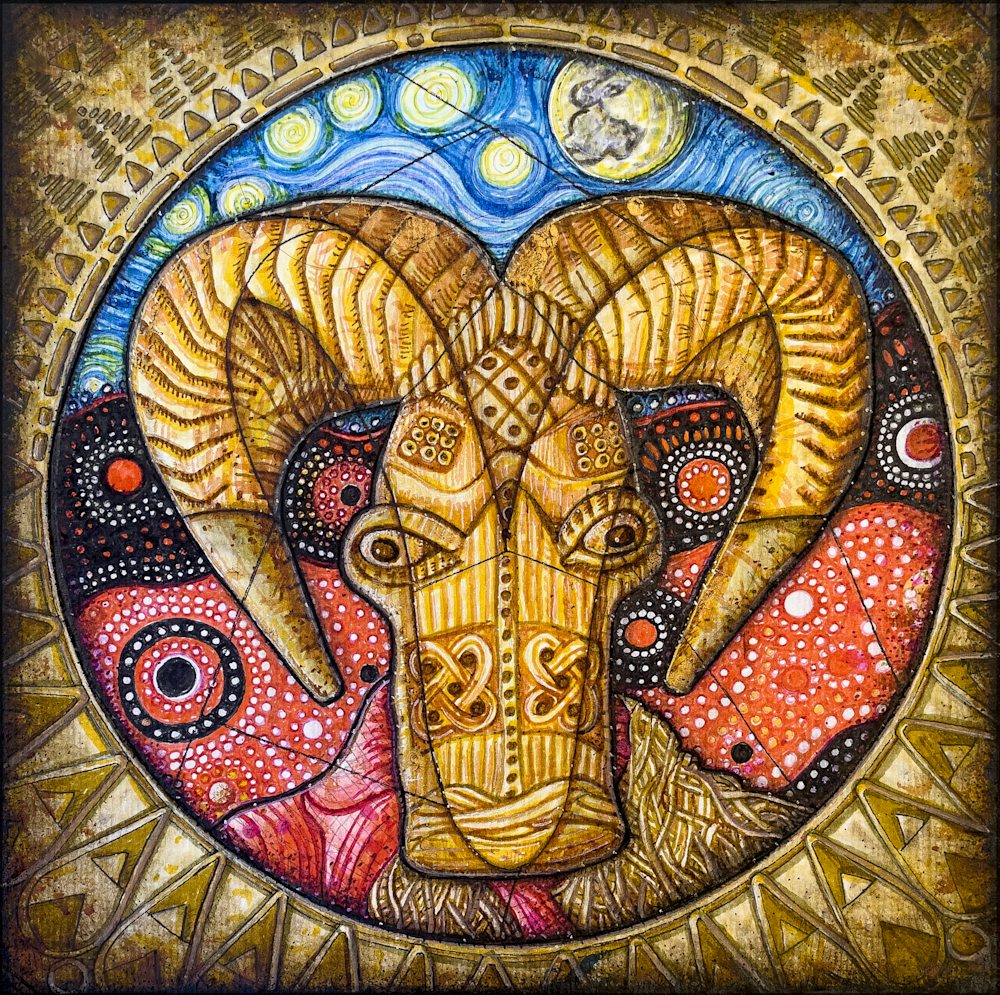 Aries Ram Mask Zodiac Art - Multicultural Symbols & Global Patterns