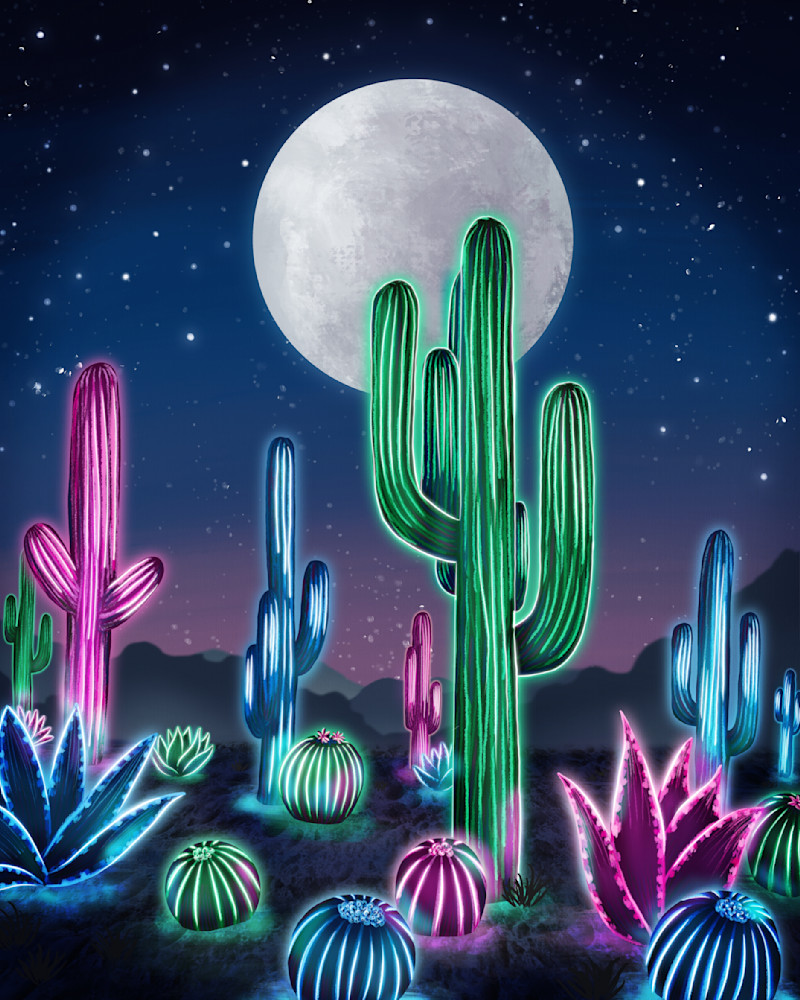 Neon Oasis: Surreal Neon Cactus Art Illuminates the Desert Night