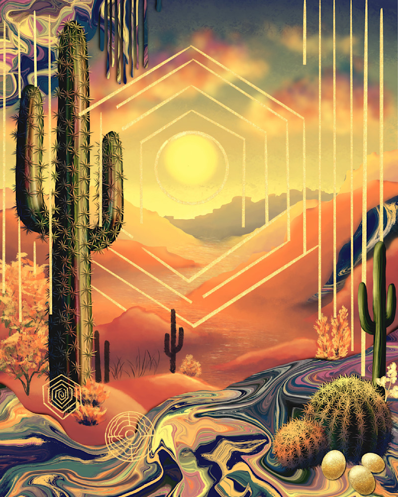 Gilded Horizons | Surreal Desert Sunset Art by Paintpourium