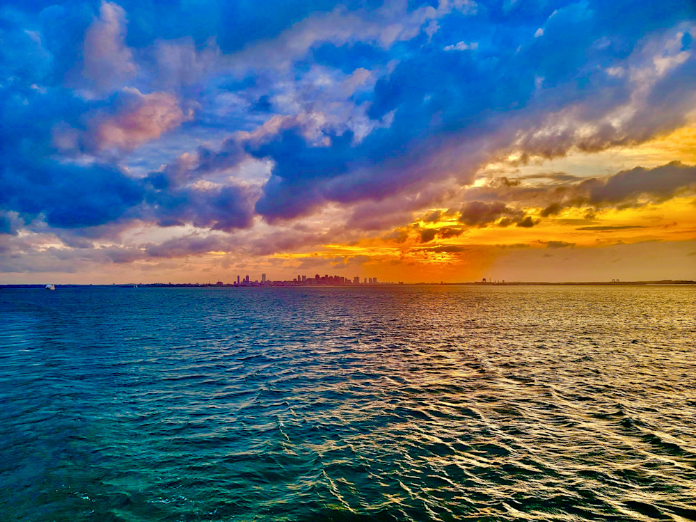 Boston Skyline: Radiant Sunset Spectrum Photography Art | Artistic Insights Aerial Photography
