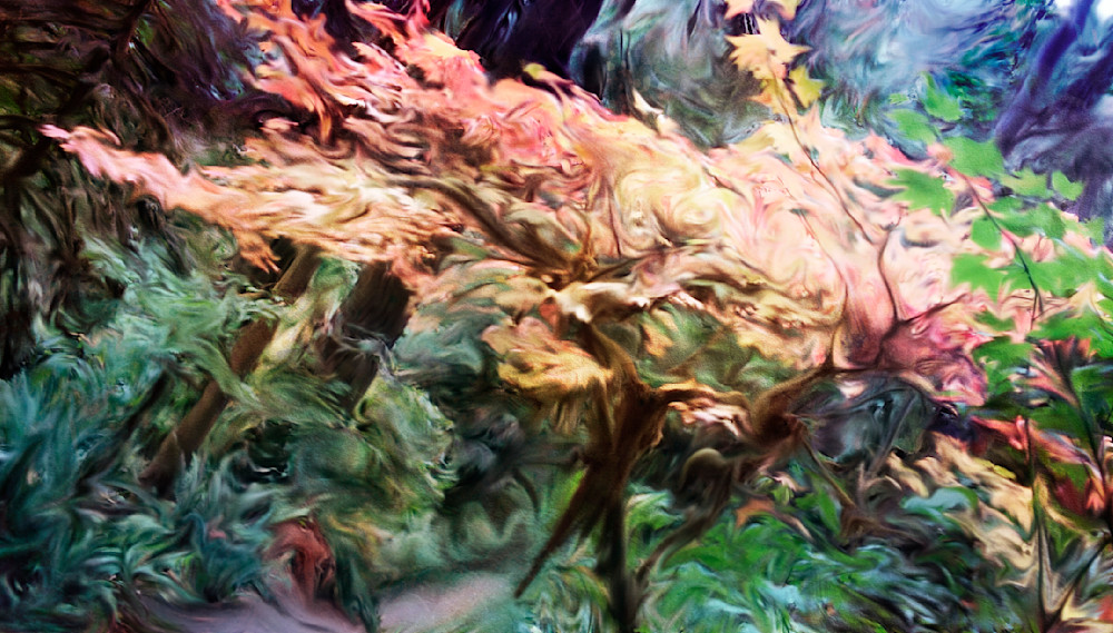 Digital artwork of a mountain path and tree.