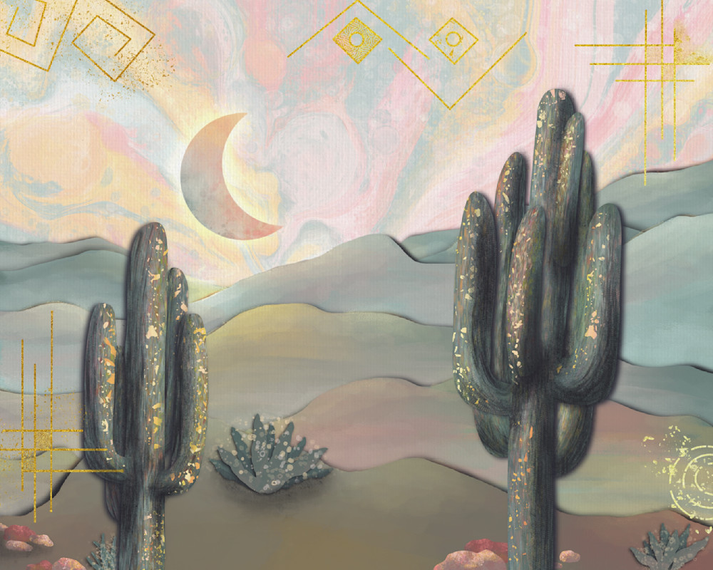 Saguaros Lullaby: Serene Digital Painting of Cacti Under a Crescent Moon