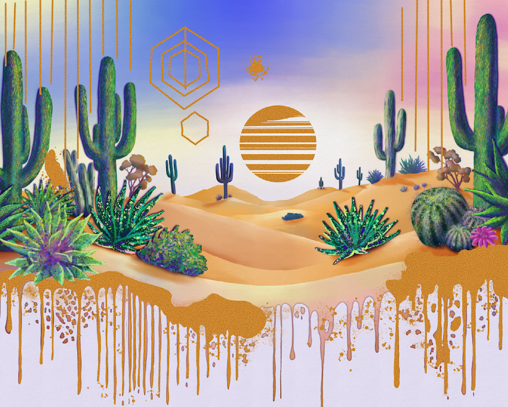 Golden Sands Morning Skies: Digital Desert Sunrise Art with Cacti and Golden Textures
