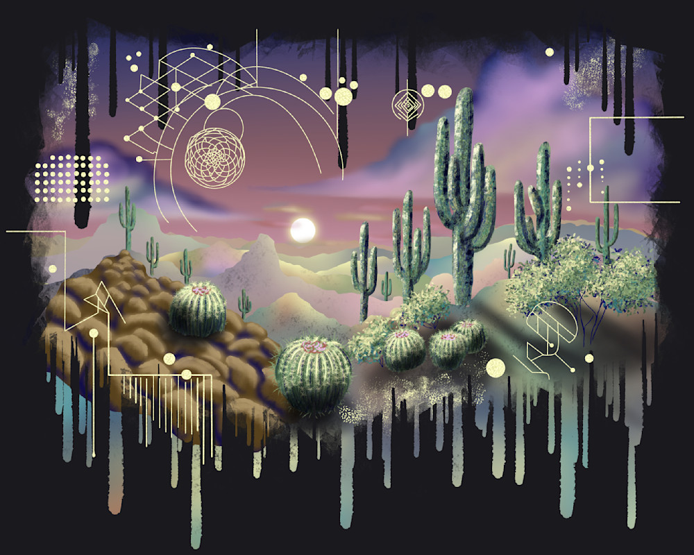 Celestial Cactus Horizon: Digital Desert Art with Cosmic and Mystical Elements