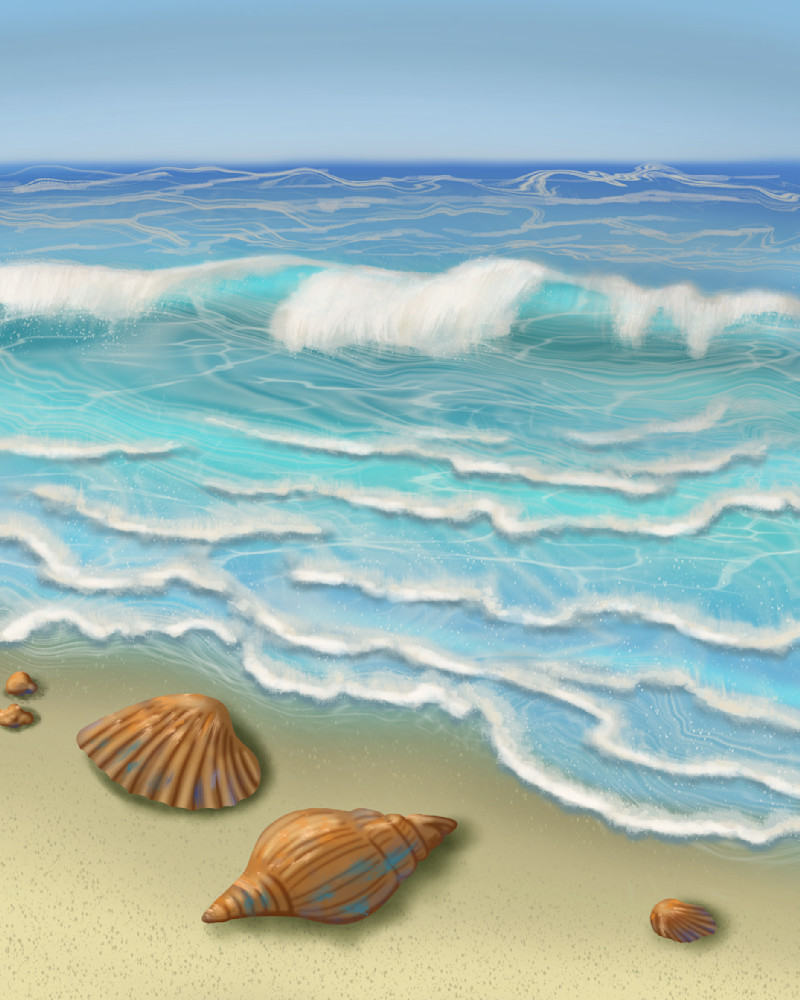 Shells on the Shore: Digital Painting of a Tranquil Beach Scene
