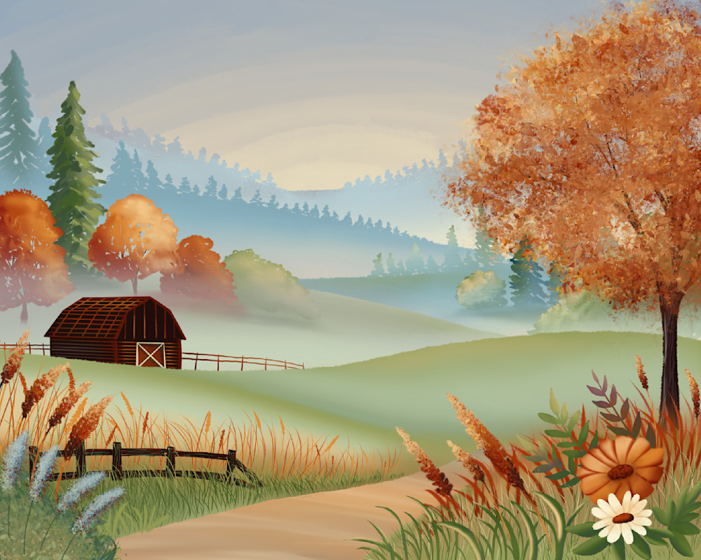 Harvest Dawn: Digital Painting of a Serene Autumn Morning