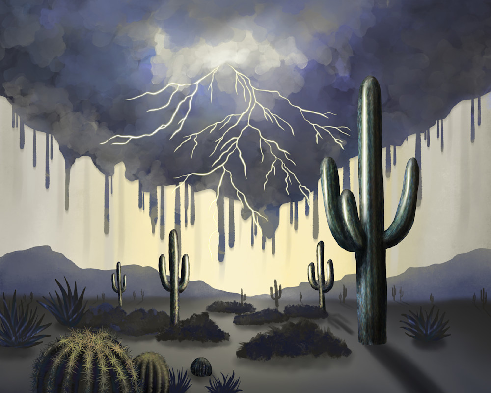 Storms of the Saguaros: Digital Painting of a Desert Lightning Storm