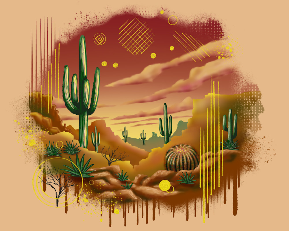 Cacti Beneath the Amber Sky: Digital Desert Sunset Painting with Saguaros