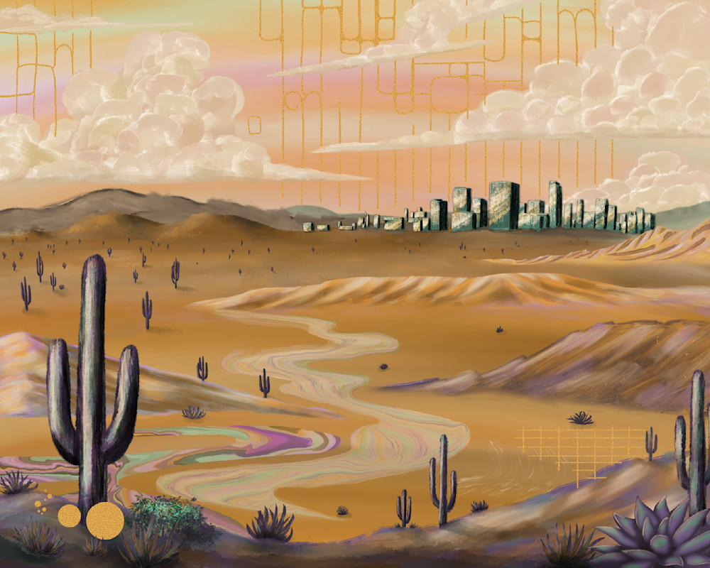 Desert Beyond the City: Digital Painting of a Desert Landscape with a Distant Skyline