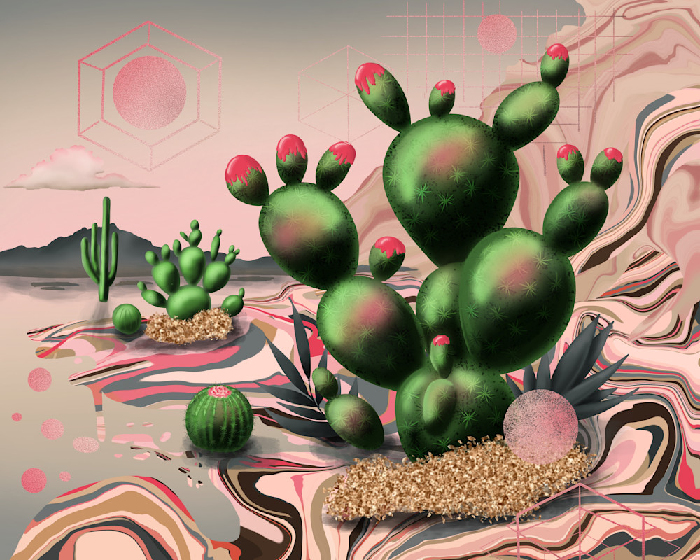 Blush of the Desert: Digital Painting of a Surreal Desert with Blossoming Cacti