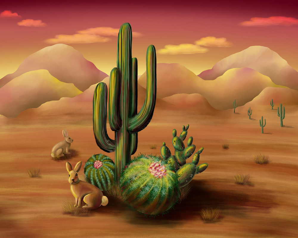 Cacti and Cotton Tails: Digital Painting of a Desert Scene with Cacti and Rabbits