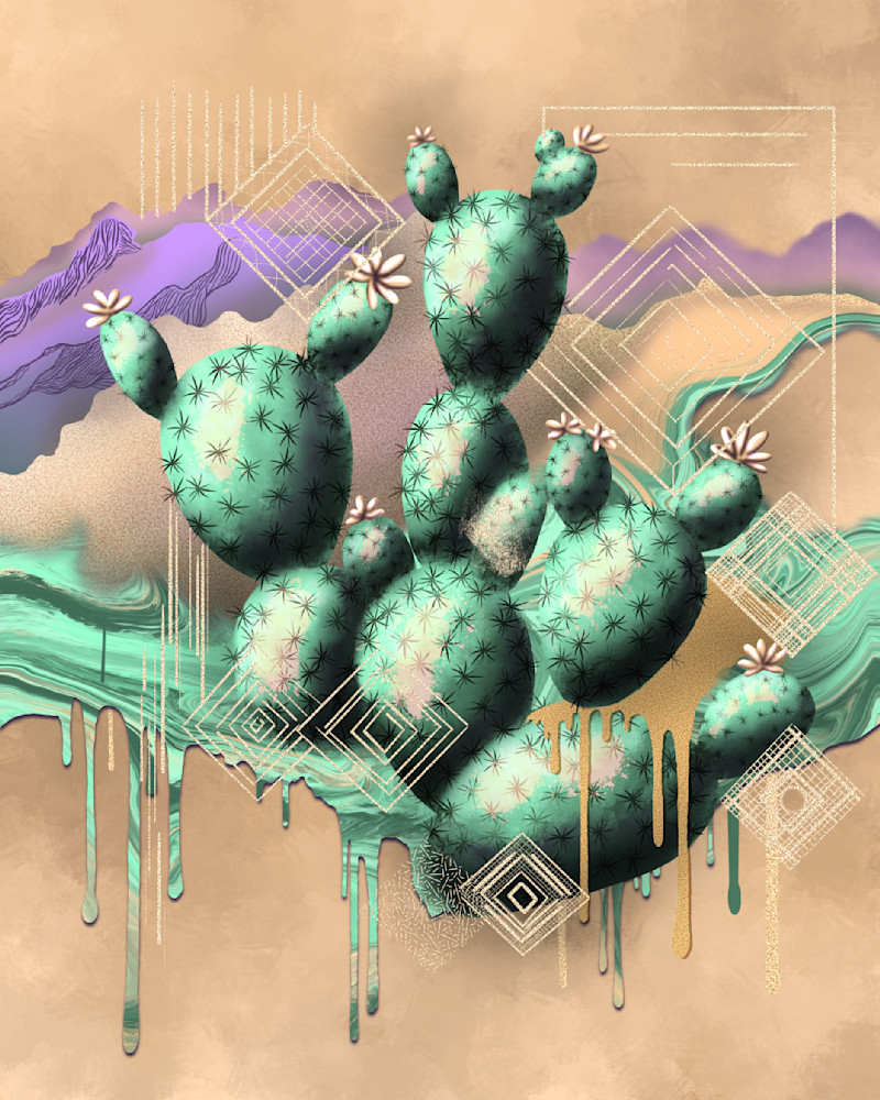 Prickly Pear Pulse: Digital Painting of a Surreal Desert Cactus with Geometric Designs