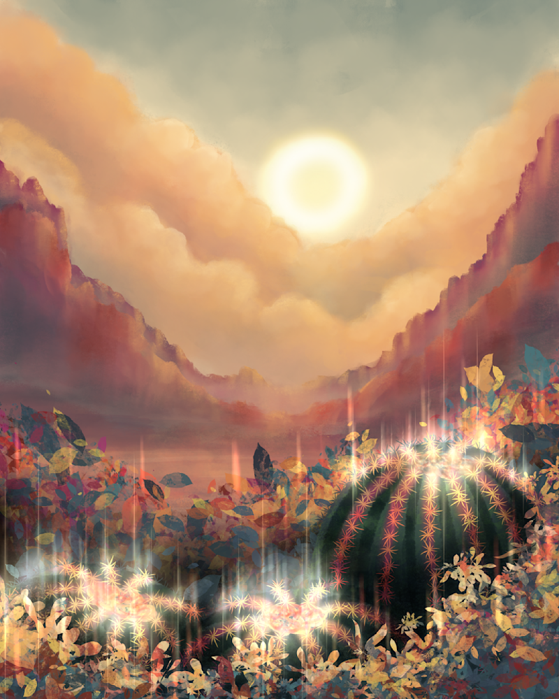 Dance of Light and Cacti - Vibrant Desert Sunset Art