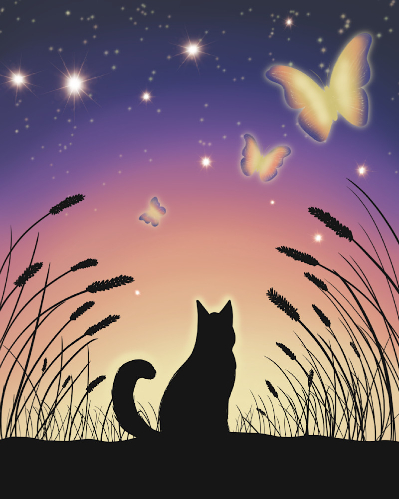 Dreamchaser: Whimsical Cat Silhouette Art with Stars and Butterflies