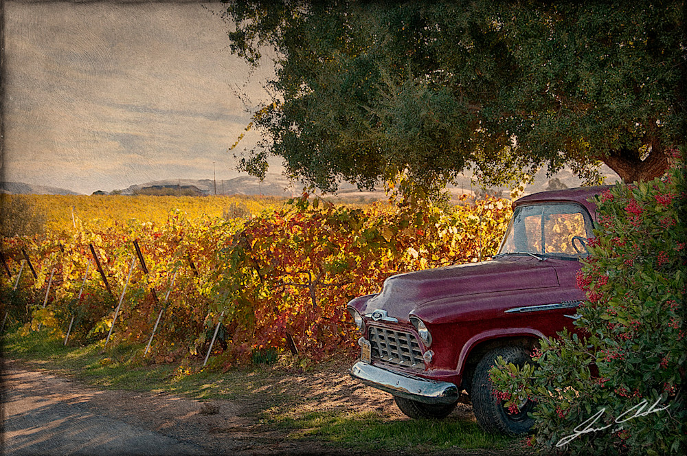 Rustic Fall Vineyard Scene with Vintage Truck