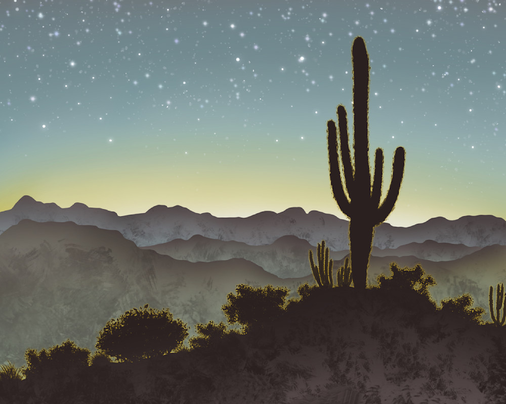 Desert Starlight: Captivating Night Sky Art with Cacti Silhouette
