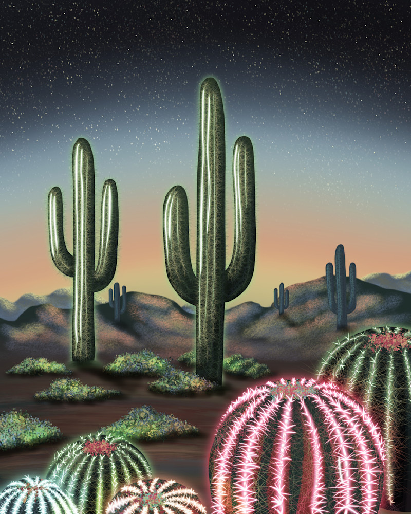 Whimsical Cacti and Cosmos Art Print for Desert Lovers